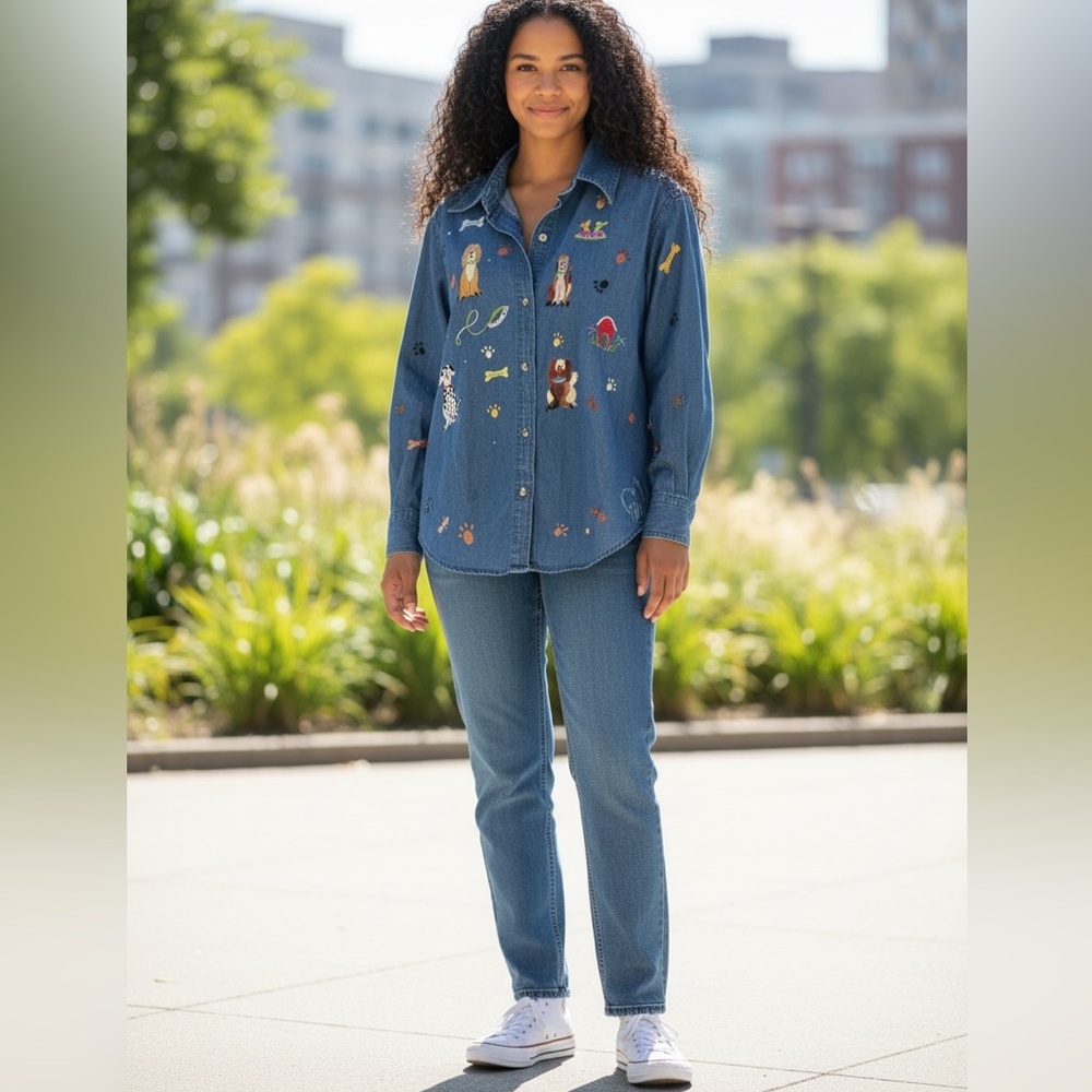 Quacker Factory Blue Denim Button Down Shirt with Dog Embroidery M - Picture 1 of 8